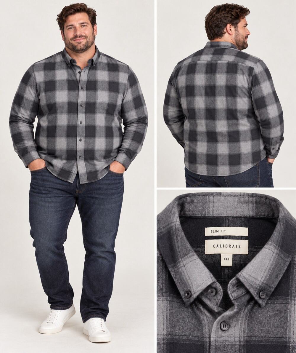 Calibrate Slim Fit Plaid Button Down LS Shirt, Blue, XXL 2XL